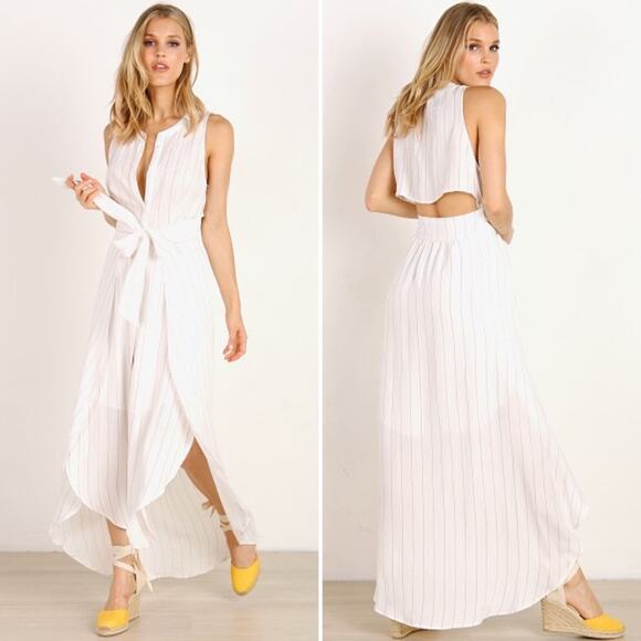 ASTR THE LABEL Arya Dress White Taupe Stripe Elegant Maxi Back Cut Out Size XS - Picture 14 of 14